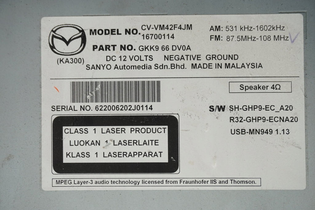MAZDA 6 GJ AUTORADIO CD GKK966DV0A